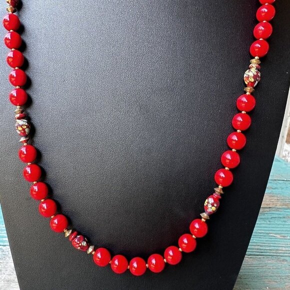 Fashion Necklace Red Glass Millefiori Venetian Metal Spacer‎ Beads Floral 31" - Picture 6 of 9